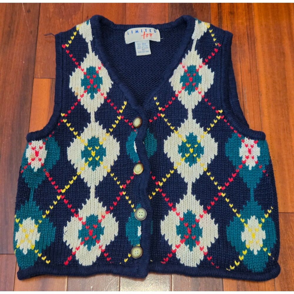 Vintage 80s 90s Limited Too Kids 10 Blue Knit Sweater Cardigan Vest Sleeveless